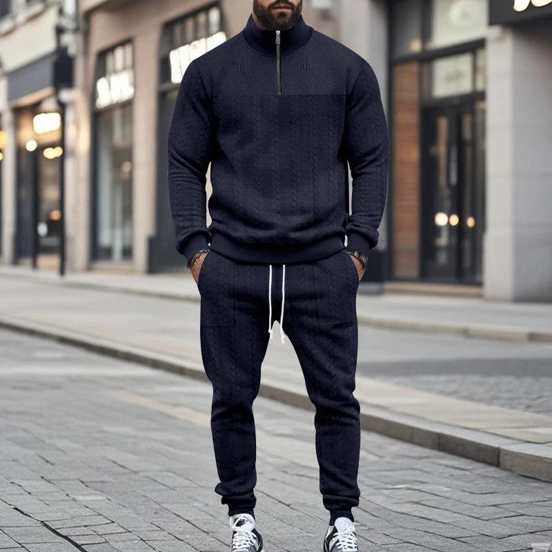 Men's Casual Fleece-lined Warm-up Zippered Track Pants Set