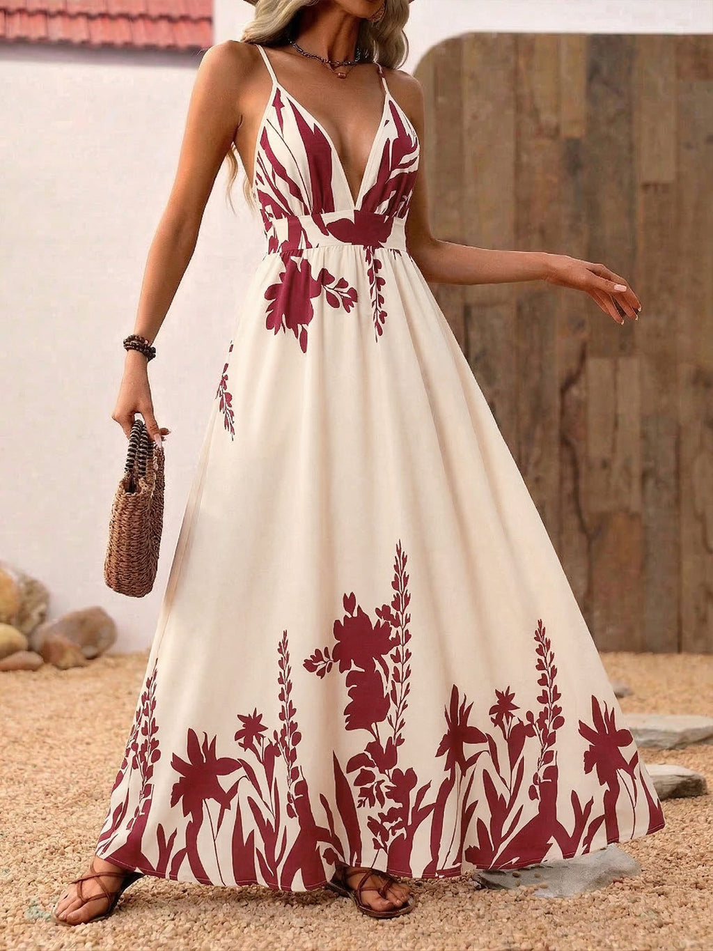 Deep V Neck Spaghetti Strap Maxi Dress