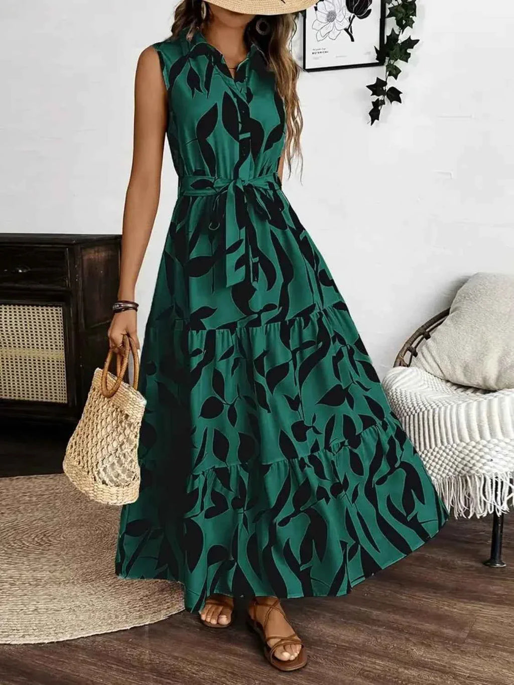 Printed Maxi Dress with Tie Waist - Sleeveless Elegance
