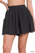 Woven Elastic Band Shorts with Pocket in Black