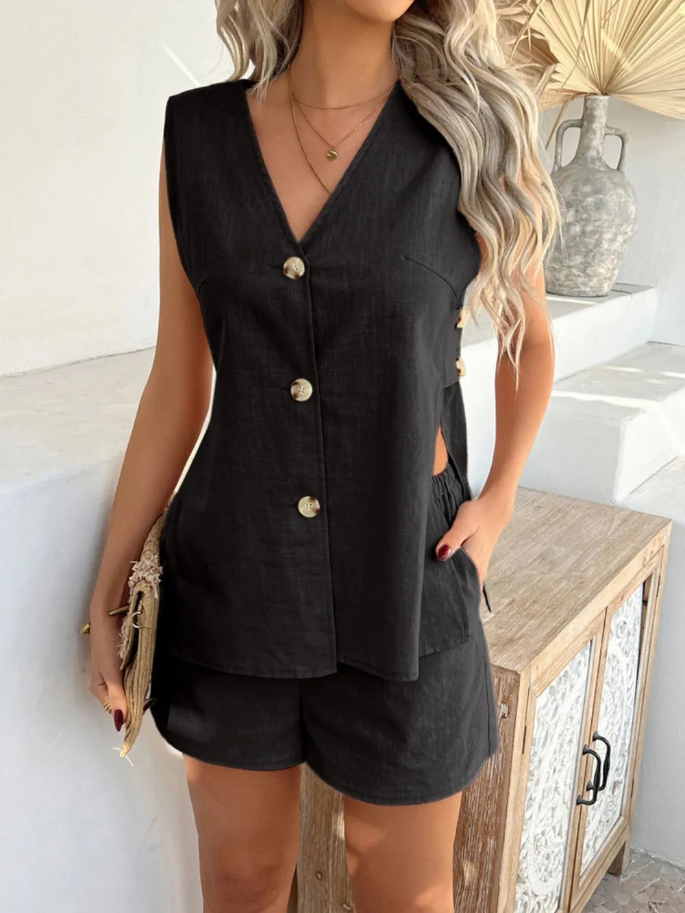 Devine Button Down V-Neck Two-Piece Set – Slit Detail | S–XL