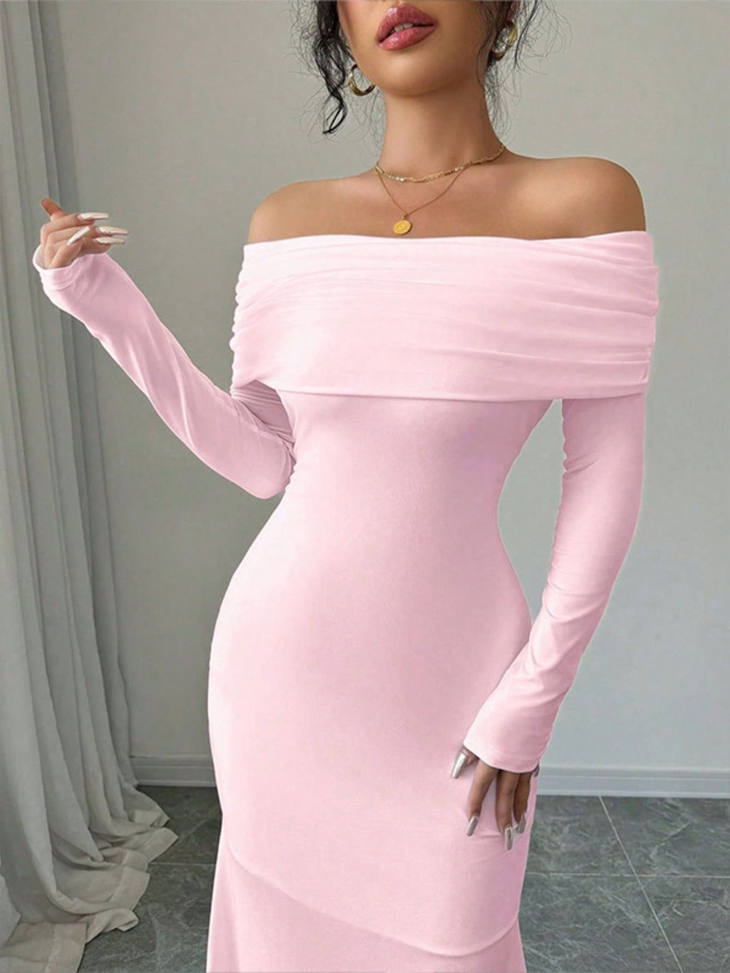 White Off-Shoulder Long Sleeve Bodycon Maxi Dress