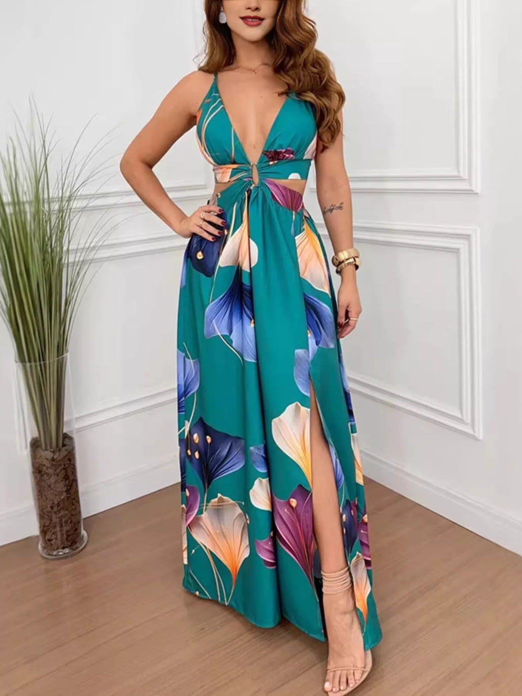 Tropical Print Cutout Maxi Dress with Front Slit