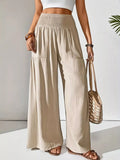 Women's Khaki Smocked Waist Wide Leg Flowy Casual Pants