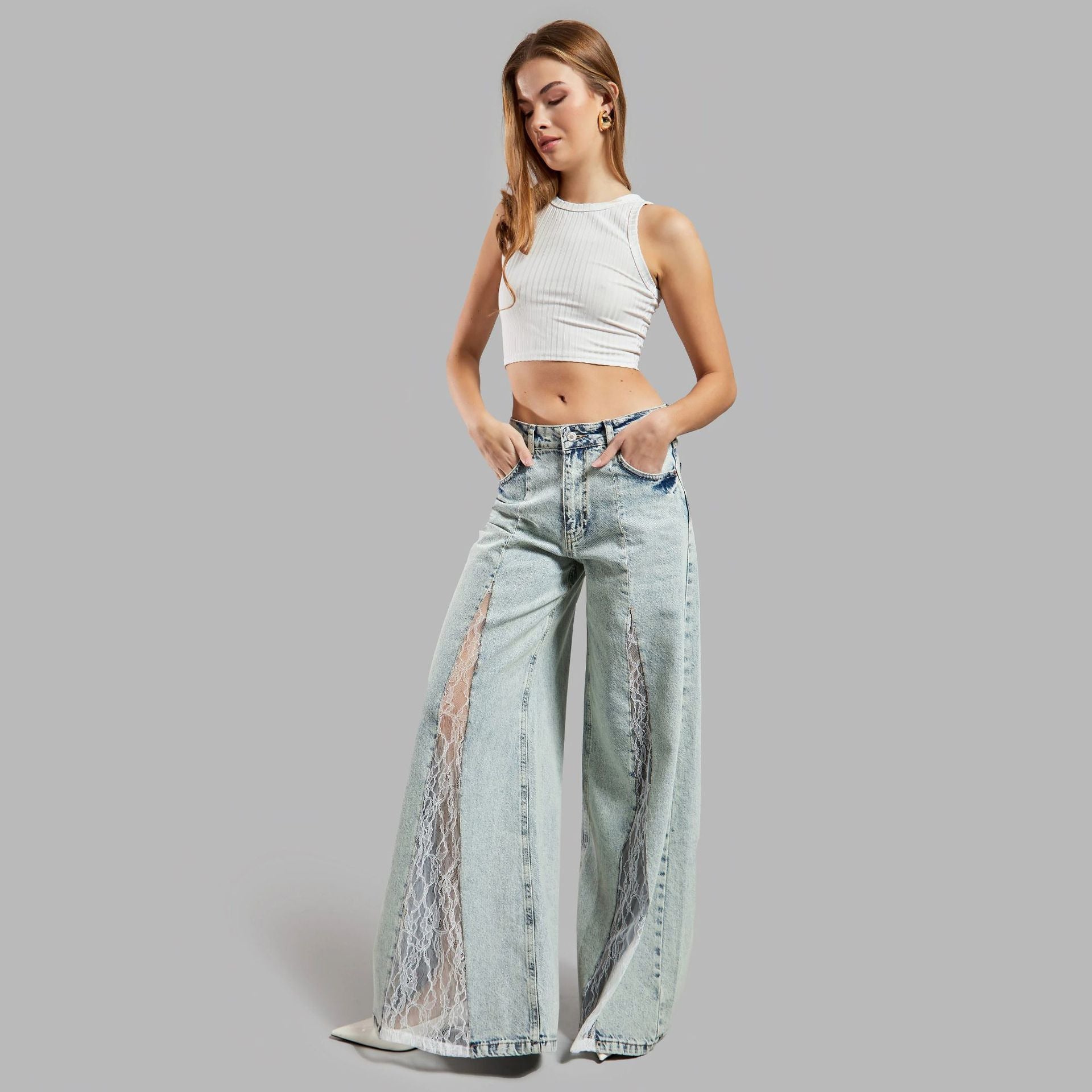 Street Lace Stitching Skinny Jeans See size chart under “more details”