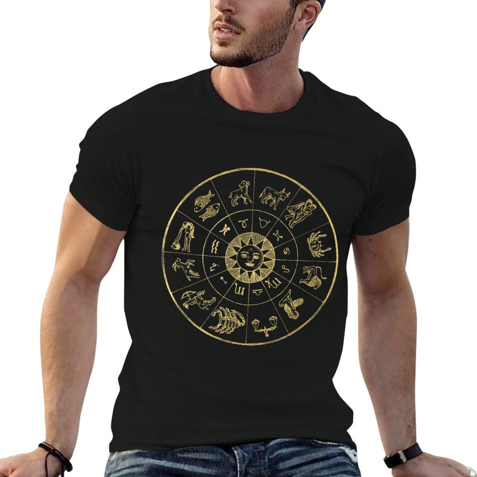 Vintage Astrology Zodiac Wheel Star Sign  Rolled Sleeves T-Shirt