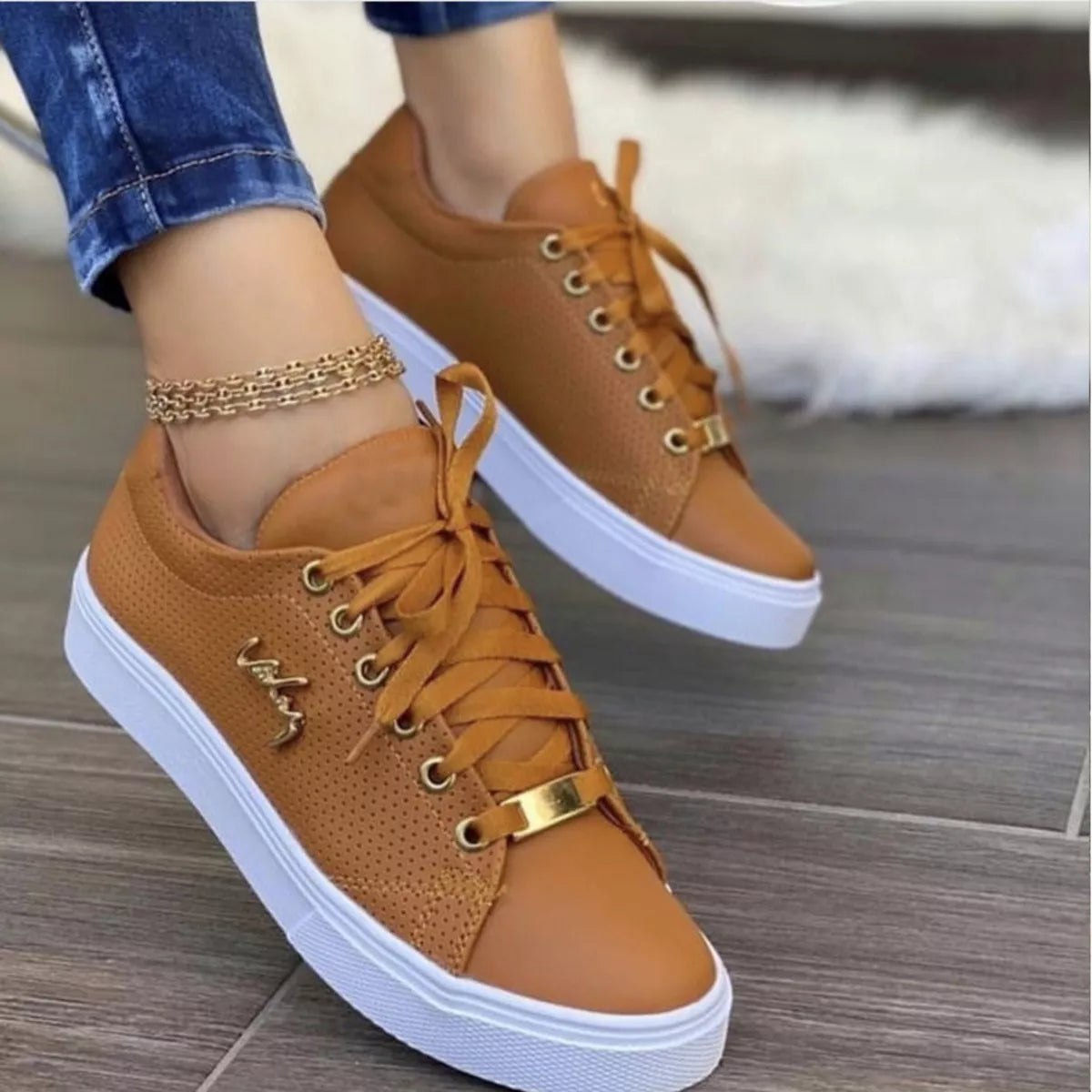 Women's Lace Up Round Toe Sneakers in Black Faux Leather