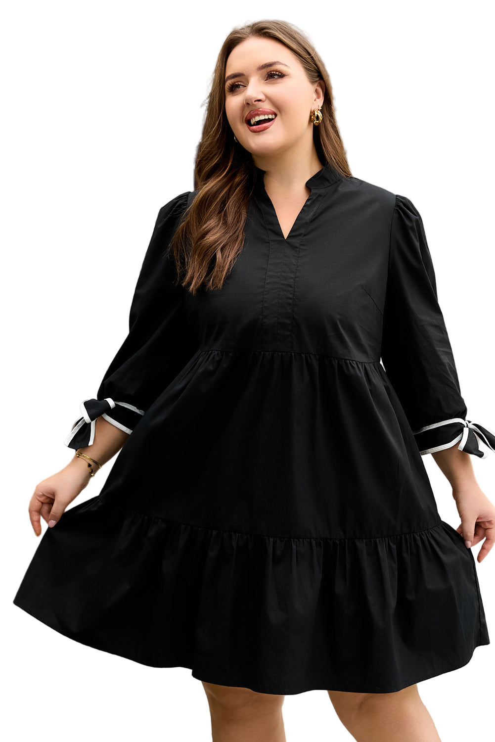 Black Contrast Trim Knot Cuffs Plus Size V Neck Mini Dress