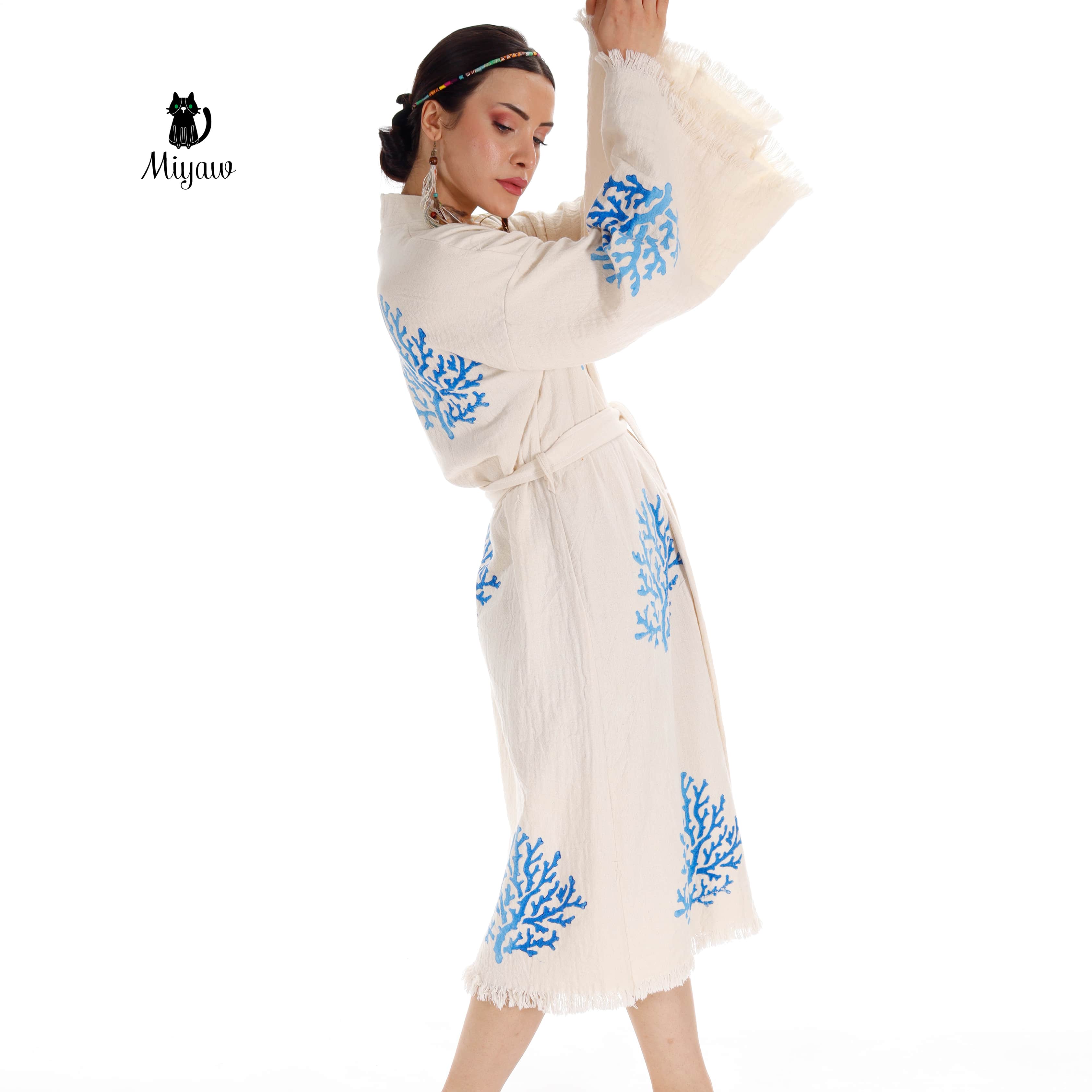 Handcrafted Organic Cotton Kimono in Blue Sea Coral