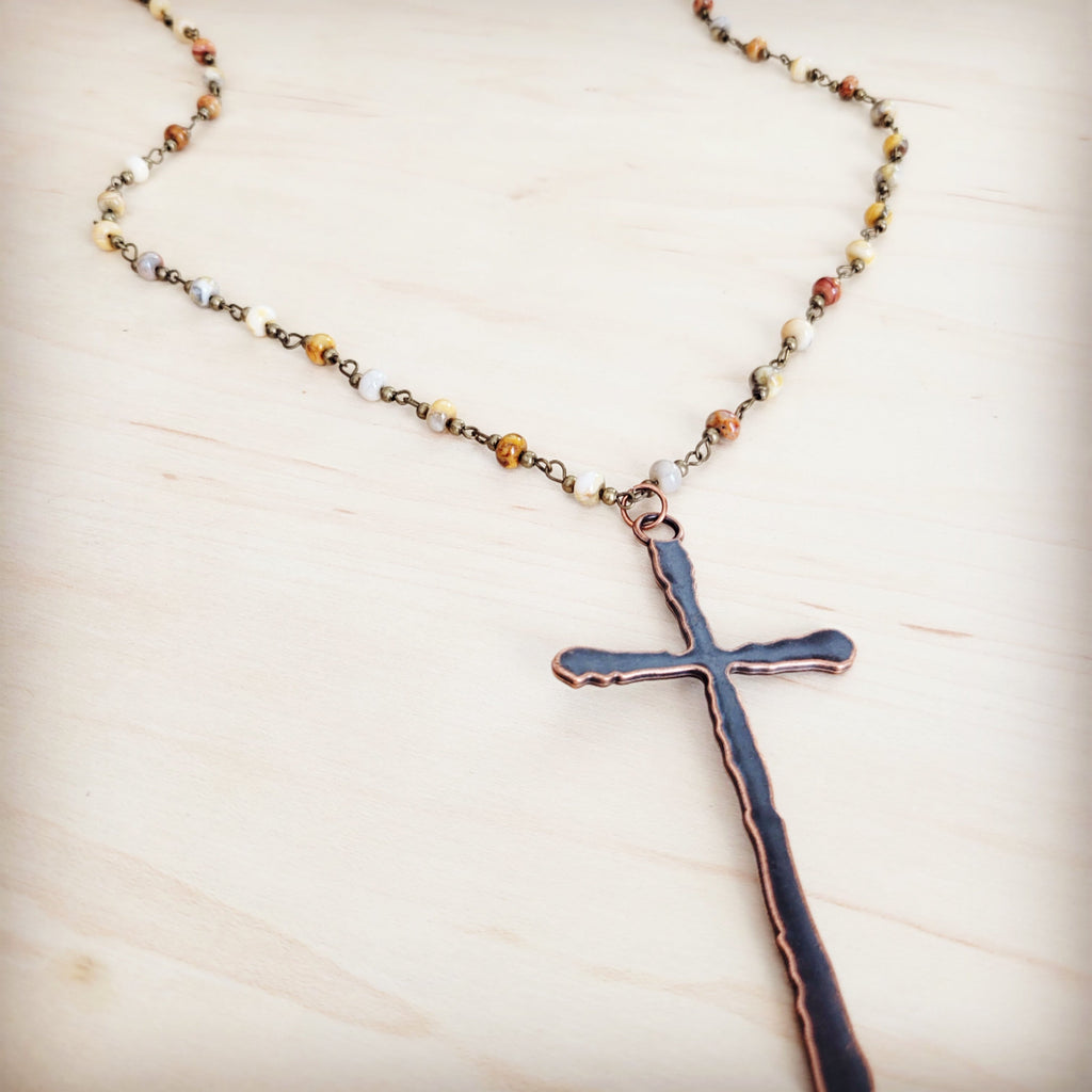 Genuine Natural Agate Long Beaded Necklace with Antique Copper Cross 262z