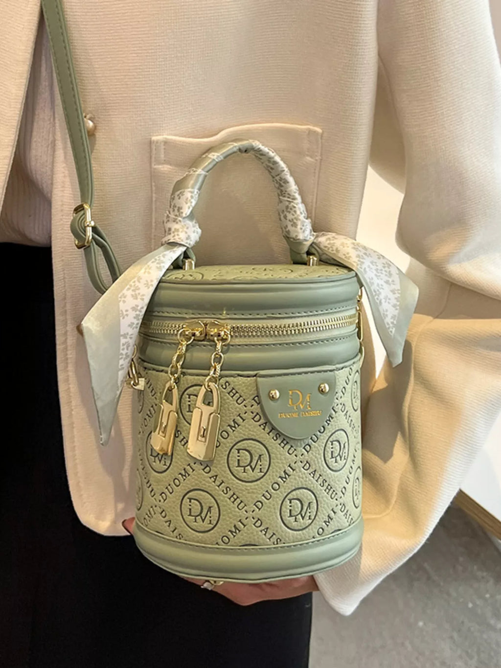 Sage Green Small Bucket Bag with Crossbody Strap and Silk Scarf