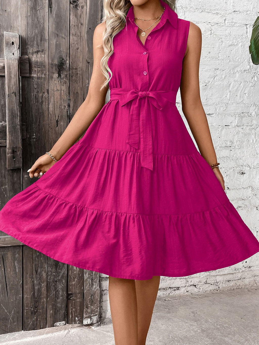 Women's Ruffle Hem Belted Shirt Maxi Dress