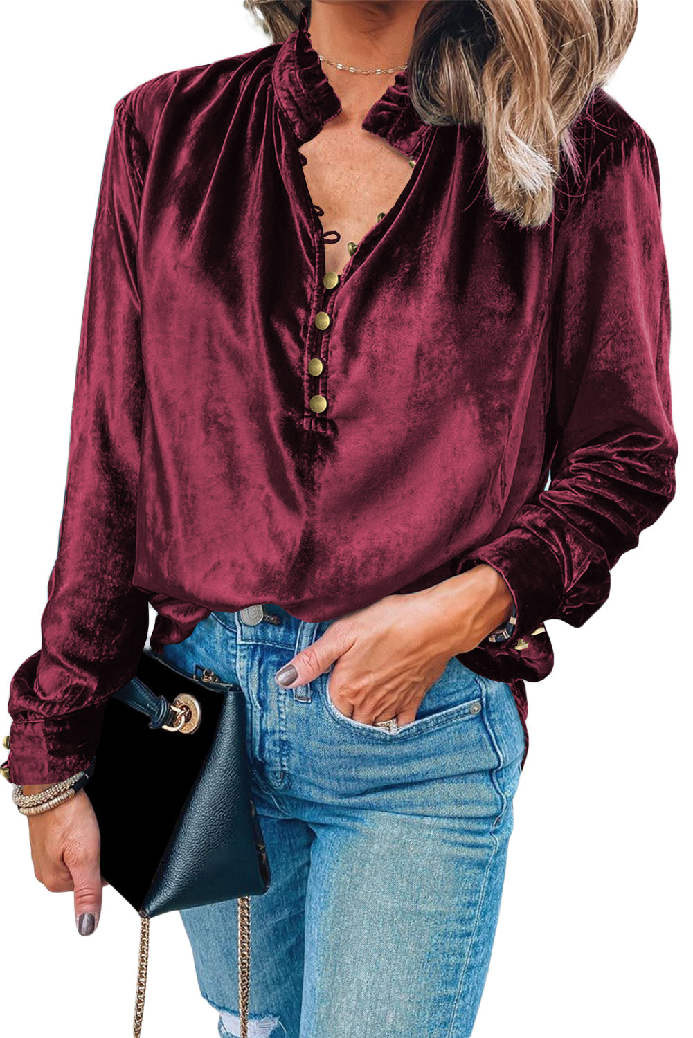 Green Frilled Neck Buttoned Front Velvet Women's Top