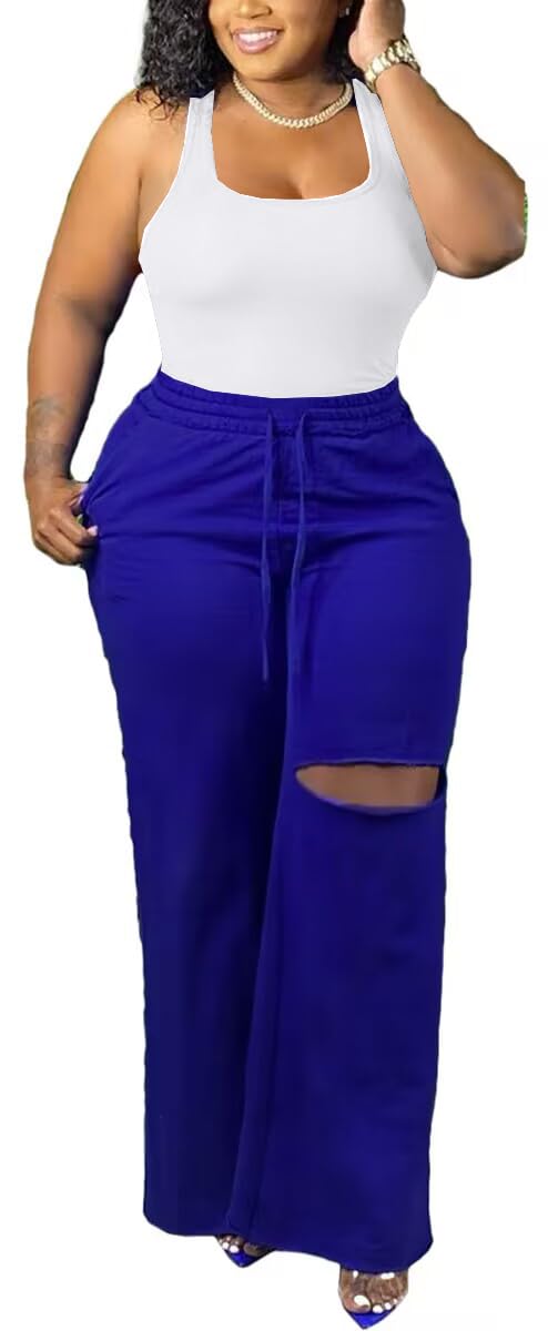 2 Piece Outfits for Women Pure Color Sleeveless Ribbed Knit Tank Top Ripped Wide Legs Long Pants Tracksuit Sport Set