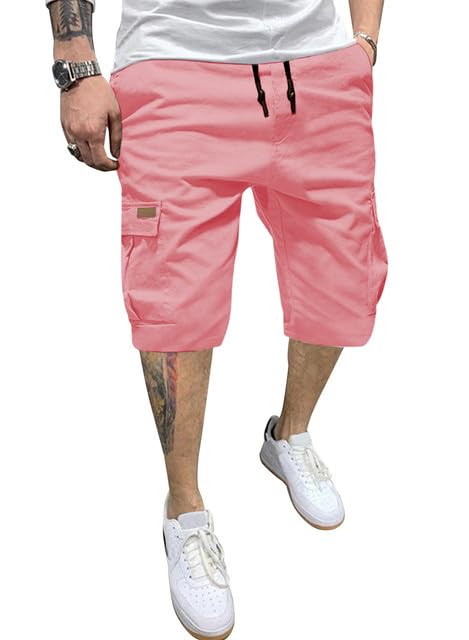 JMIERR Mens Casual Cotton Twill Cargo Shorts Drawstring Classic Chino Stretch Short with 6 Pockets