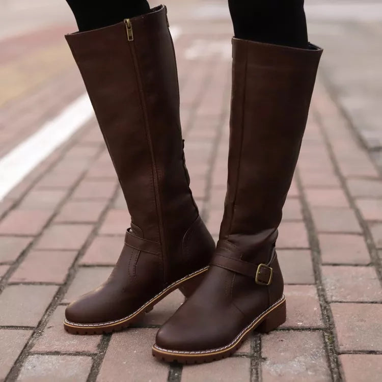 Women's Round Toe Knee High Buckle Boots Low Heel Fashion