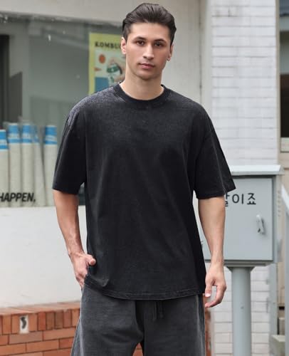 Men's Cotton T-Shirts Oversized Unisex Short Sleeves Casual Loose Wash Solid Basic Tee Tops