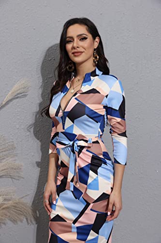 ECHOINE Women's Vintage Print Bodycon Midi Dress Sleeveless Mock Neck Slim Fit Party Club Dress