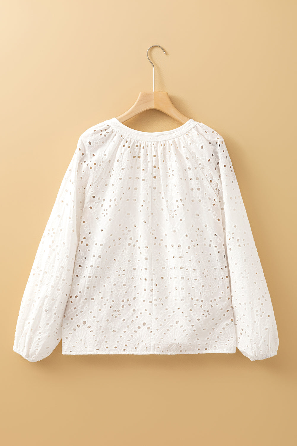 White Eyelet Puff Sleeve Blouse with V Neck