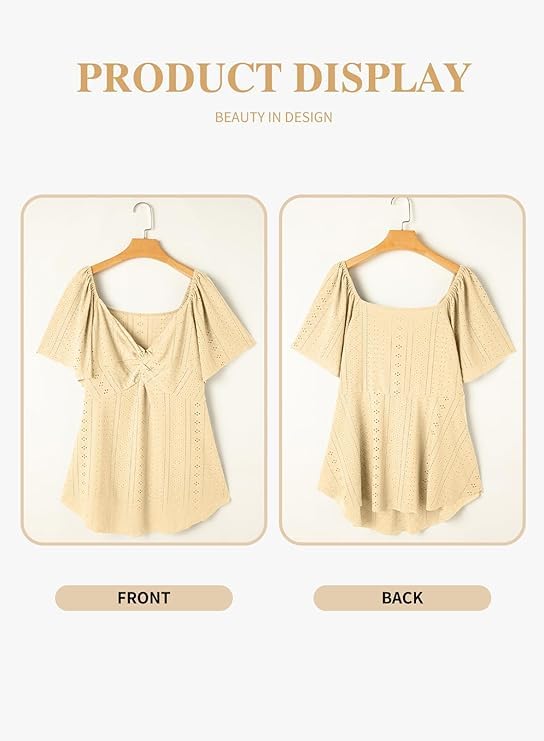 Eytino Womens Plus Size Tops Twist Front V Neck Short Sleeve Eyelet Embroidery Summer Loose Blouse Shirts(1X-5X)