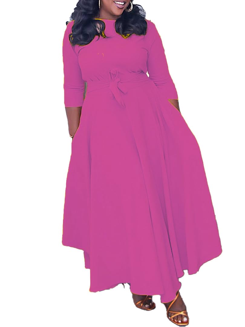 Baczoe Plus Size Dress for Curvy Women Stretch Self Tie A-Line Maxi Dress with Pockets Swing Long Outfit