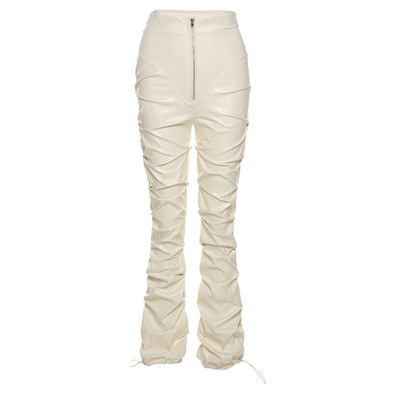 Sumleno High Waist Stacked Pants for Women Faux Leather Ruffle Ruched Leggings Y2k Black Pleated Sexy Aesthetic Streetwear
