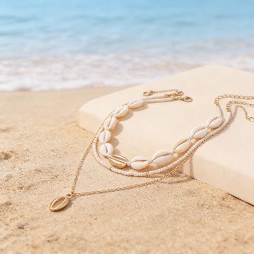YANCHUN Shell Necklace Beach Jewelry for Women Sea Shell Necklace Layered Gold Shell Charm Necklaces Summer Outfits for Women Beach Fashion Accessories