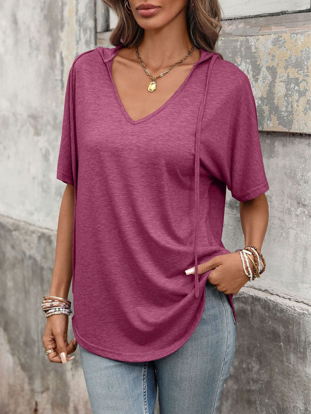 Women's Casual Short Sleeve V-Neck Hooded T-Shirt in Purple