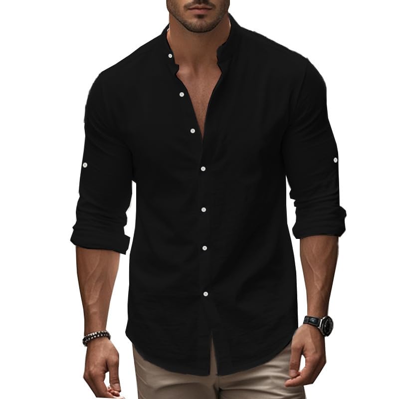Men's Long Sleeve Button Down Shirts 2026 Trendy Henley Neck Linen Shirts Regular Fit Summer Beach Vacation Tops