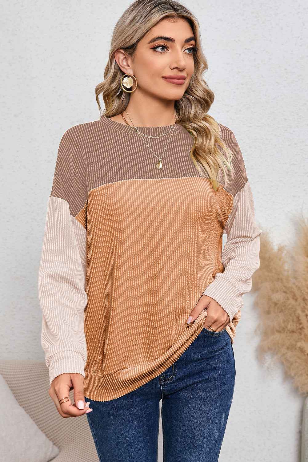 Color Block Ribbed Women's Top - Khaki Long Sleeve Loose Fit