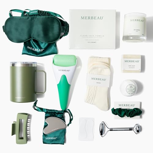 Merbeau Luxury Self Care 13 Piece Gift Set – Non-Toxic, Clean Ingredients, Naturally-Scented Essential Oils, Candle, Socks, Bar Soap, Bath Bomb, Clean Towels, Hair Clip, Tumbler & More – Spa Kit, NEW