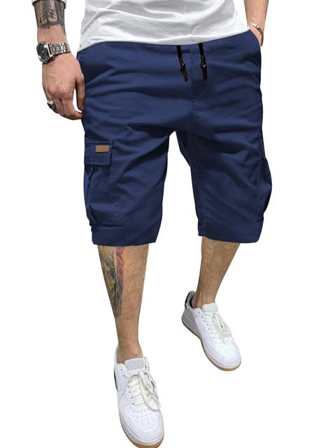 JMIERR Mens Casual Cotton Twill Cargo Shorts Drawstring Classic Chino Stretch Short with 6 Pockets