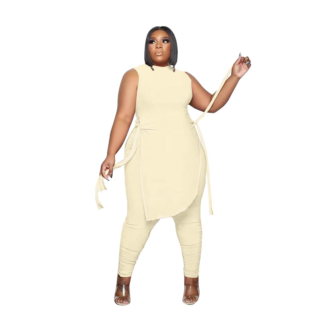 Dmoled Women Plus Size 2 Piece Outfits Jumpsuit Camouflage Print Sleeveless Slit Tunic Tops Pant Set