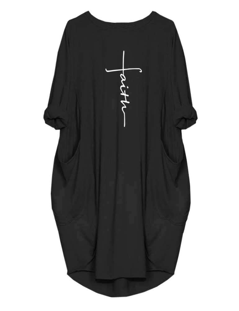 Rfecccy Women's Faith Oversize Baggy Long Sleeve T Shirt Causal Loose Midi Dresses with Pockets