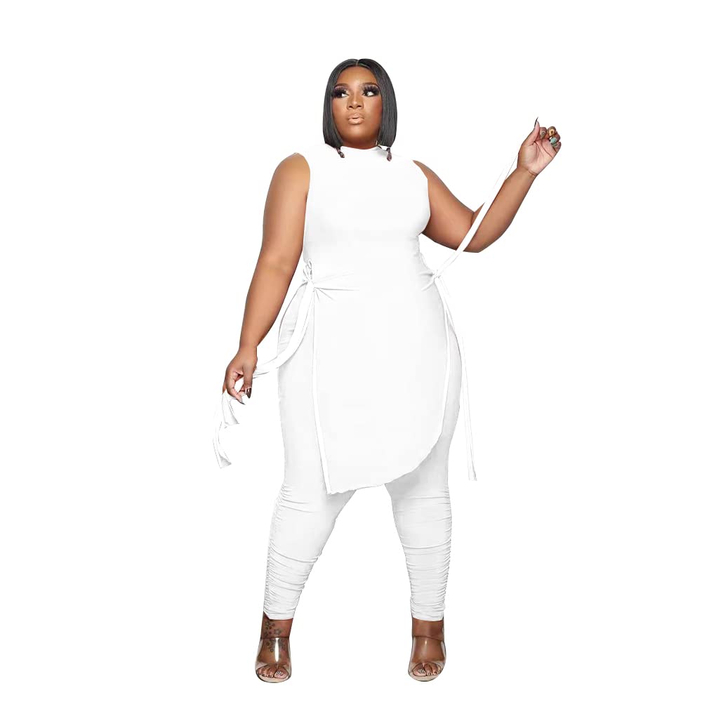 Dmoled Women Plus Size 2 Piece Outfits Jumpsuit Camouflage Print Sleeveless Slit Tunic Tops Pant Set