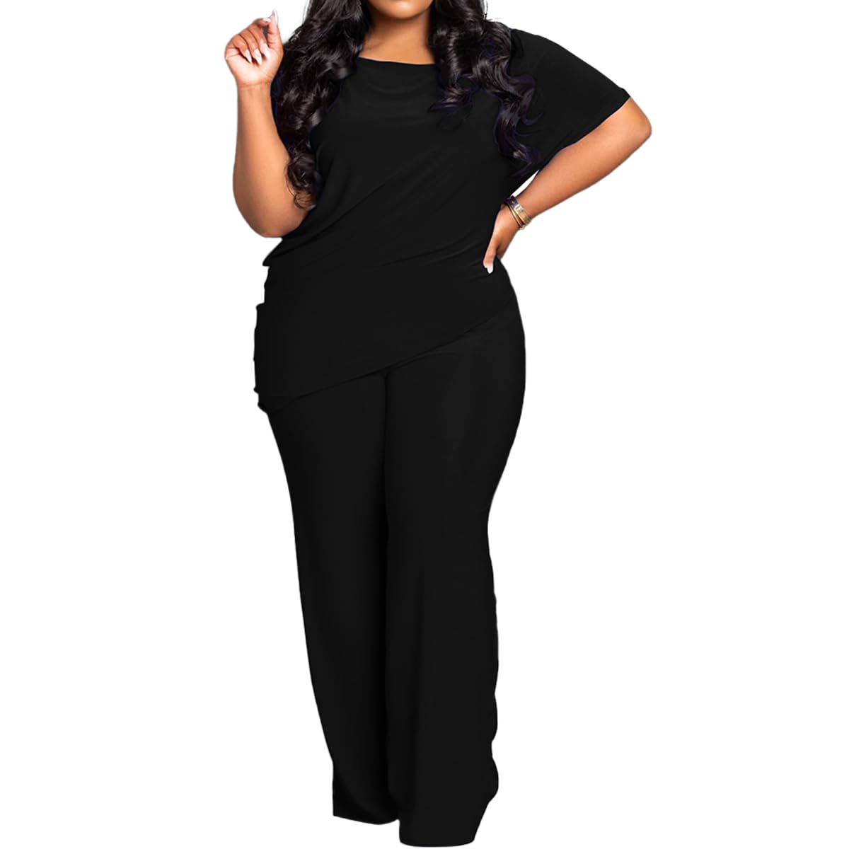 TOPSRANI Womens Plus Size Two Piece Outfits Sweatsuits Casual Tracksuit Short Sleeve Loose Baggy Wide Leg Long Pants Sets
