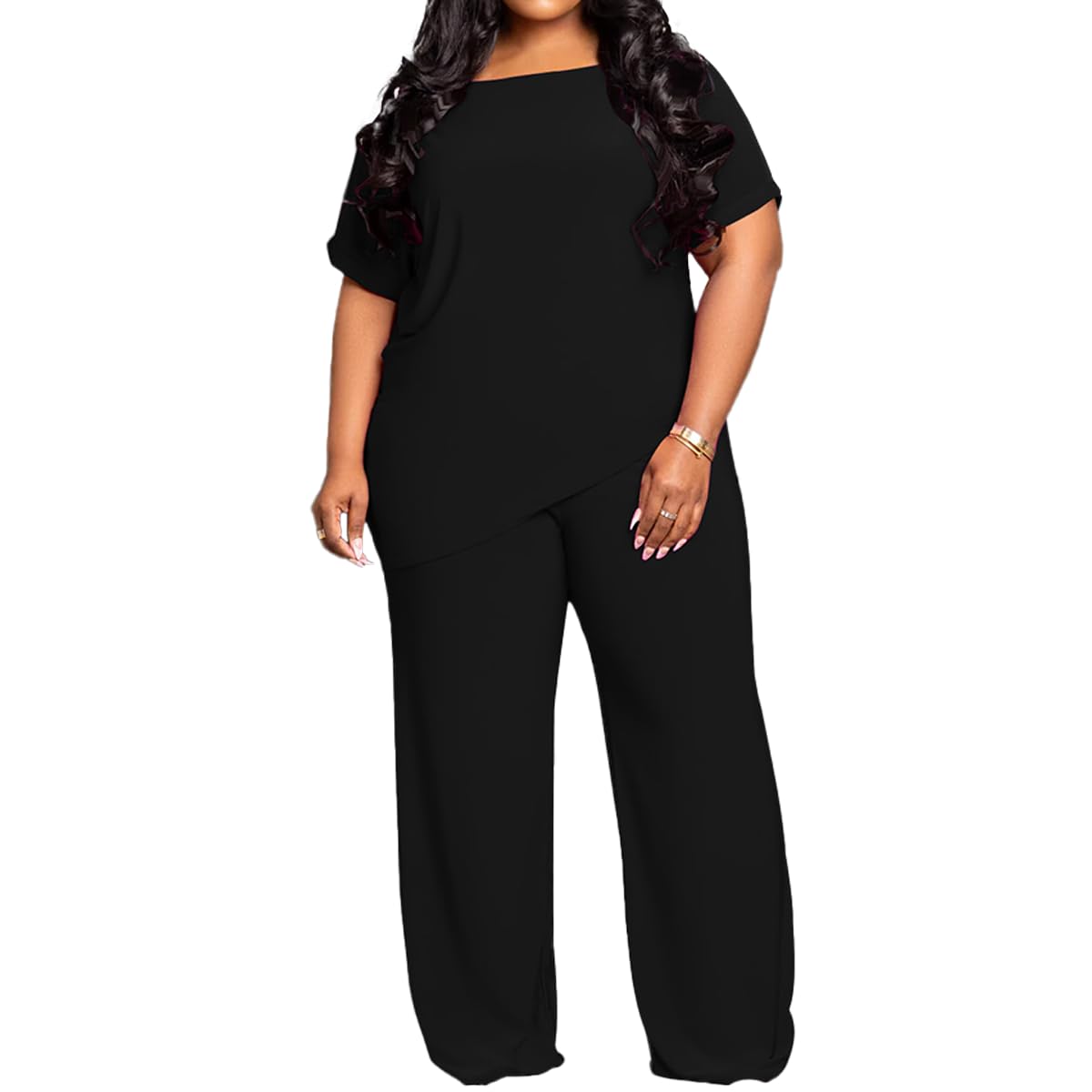 TOPSRANI Womens Plus Size Two Piece Outfits Sweatsuits Casual Tracksuit Short Sleeve Loose Baggy Wide Leg Long Pants Sets