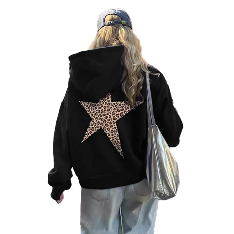 heyheyshine Star Graphic Hoodies Oversized Y2k Leopard Print Hooded Sweatshirt Cheetah Hoodie Streetwear Unisex Pullover Tops