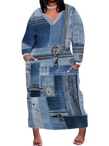 SUZONANA Womens Plus Size 3D Denim-Print Fashion Maxi Dresses Casual Soft Tshirt Dress