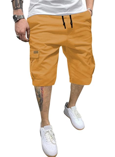JMIERR Mens Casual Cotton Twill Cargo Shorts Drawstring Classic Chino Stretch Short with 6 Pockets