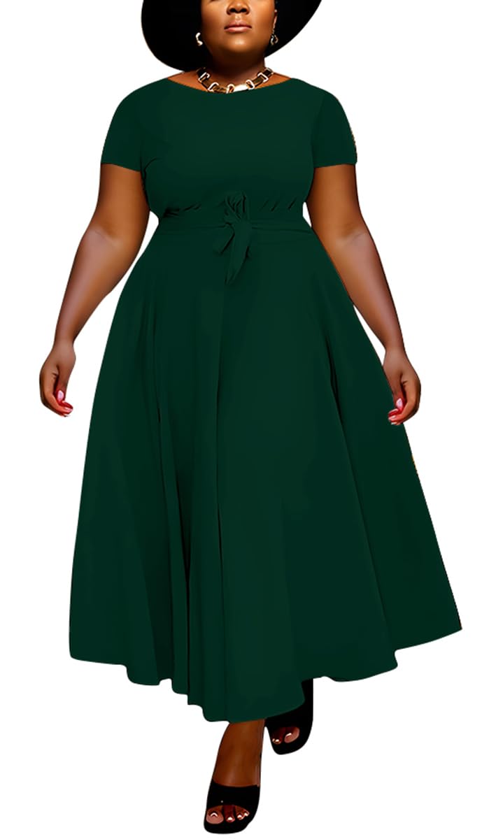 BFFBABY Plus Size Dress A Line Dresses for Women Summer Long Dresses with Sleeve Casual Belted