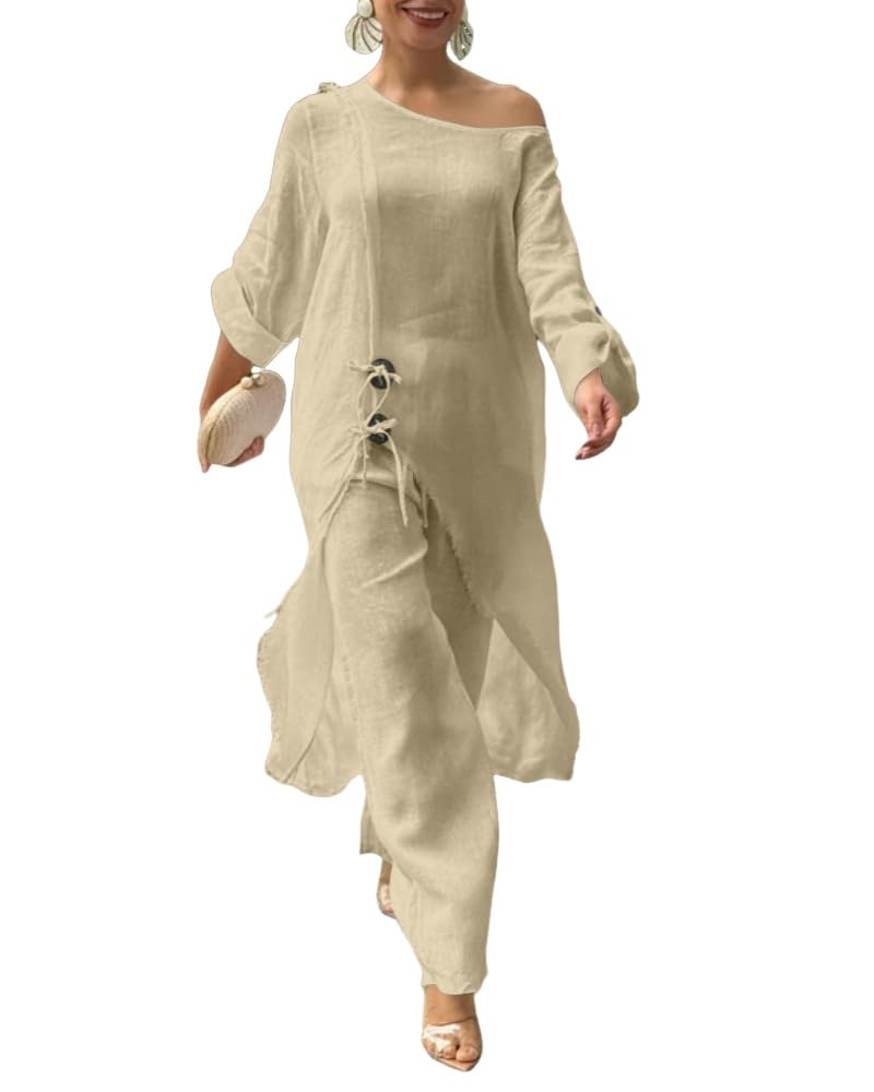 CHICME Women 2 Piece Outfits Cold Shoulder Long Sleeve Top Wide Leg Pants Linen Matching Lounge Set