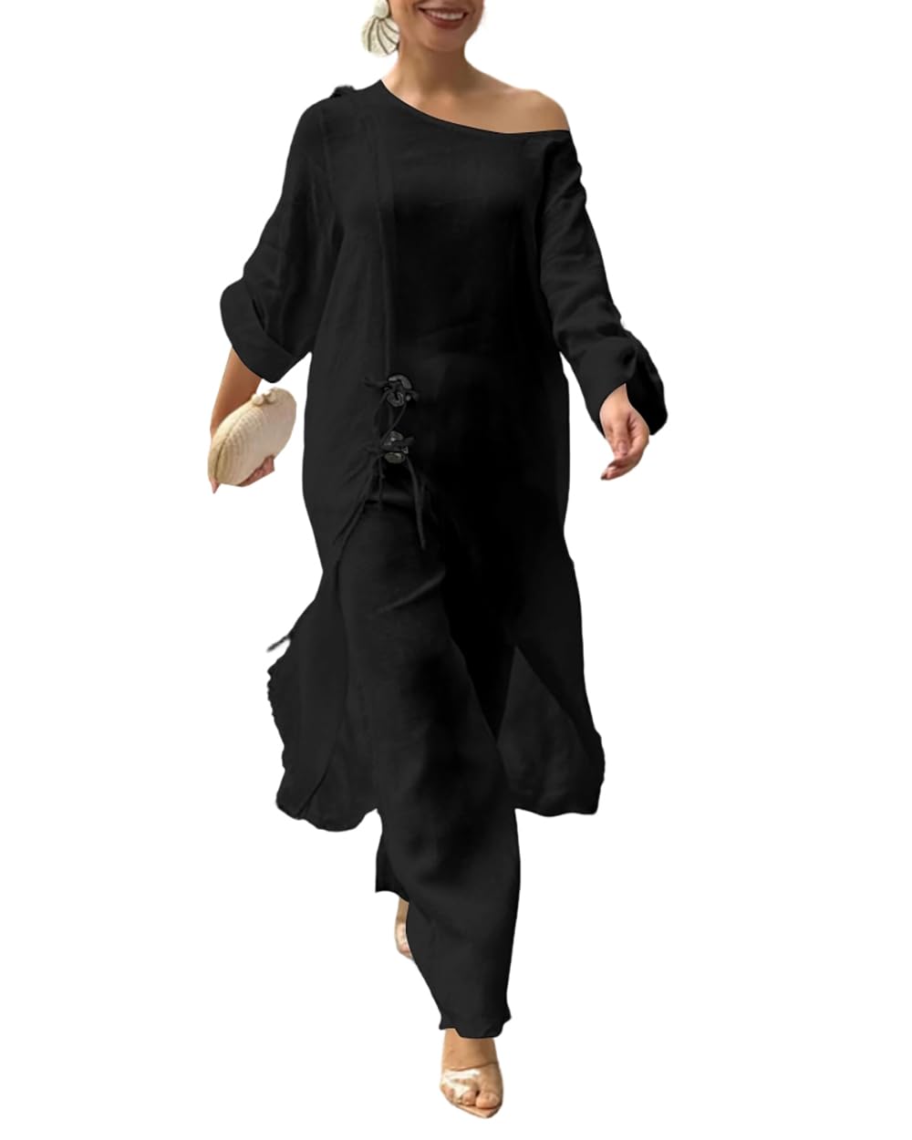 CHICME Women 2 Piece Outfits Cold Shoulder Long Sleeve Top Wide Leg Pants Linen Matching Lounge Set