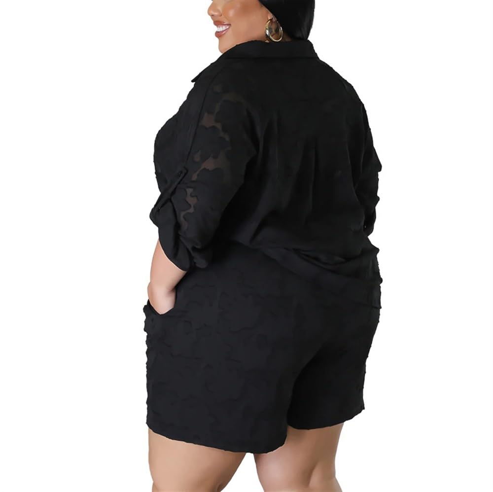 LUXRUB Women's Casual 2 Piece Outfit Plus Size Jacquard Long Sleeve Button Down Shirt Top Short Pants Sets Streetwear (Color : Black, Size : 4X-Large)