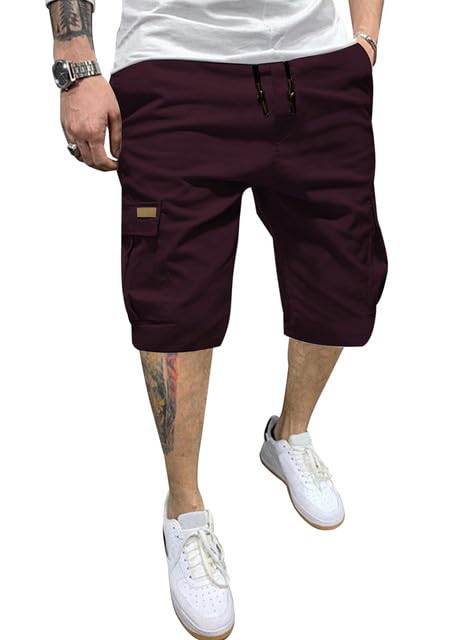 JMIERR Mens Casual Cotton Twill Cargo Shorts Drawstring Classic Chino Stretch Short with 6 Pockets