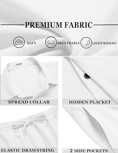 COOFANDY Men's Summer Beach Outfits 2 Piece Short Sleeve Shirts and Shorts Vacation Texture Linen Sets for Men