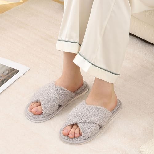 Evshine Women's Fuzzy Slippers Cross Band Memory Foam House Slippers Open Toe