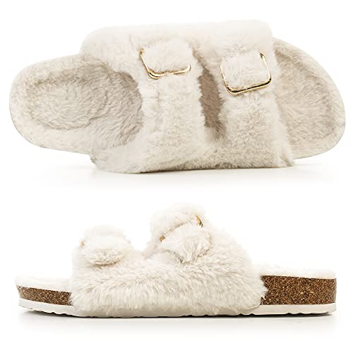 FITORY Womens Open Toe Slipper with Cozy Lining,Faux Rabbit Fur Cork Slide Sandals Size 6-11