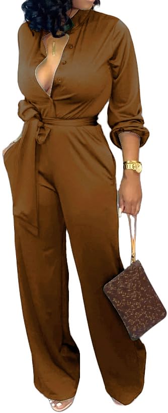 SxClub Jumpsuits for Women Formal Sexy Elegant Long Straight Pants Busineess Party Jumpsuit with Belt Pockets