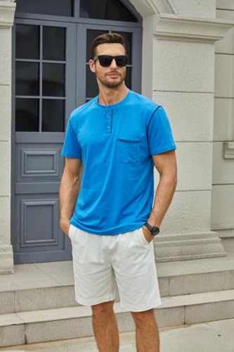 Men's Henley Shirts Short/Long Sleeve Casual Cotton T-Shirt Classic Button Basic Stylish Tees Tops